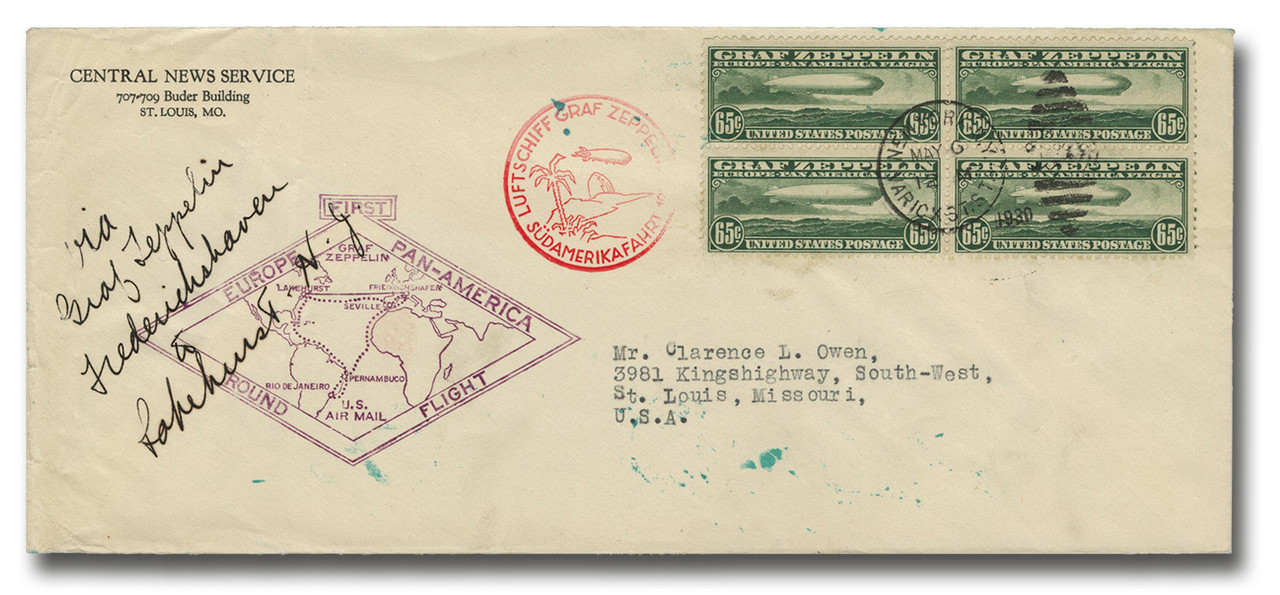 MA270 - 1930 #C13 65c Graf Zeppelin block of 4 Flown Cover