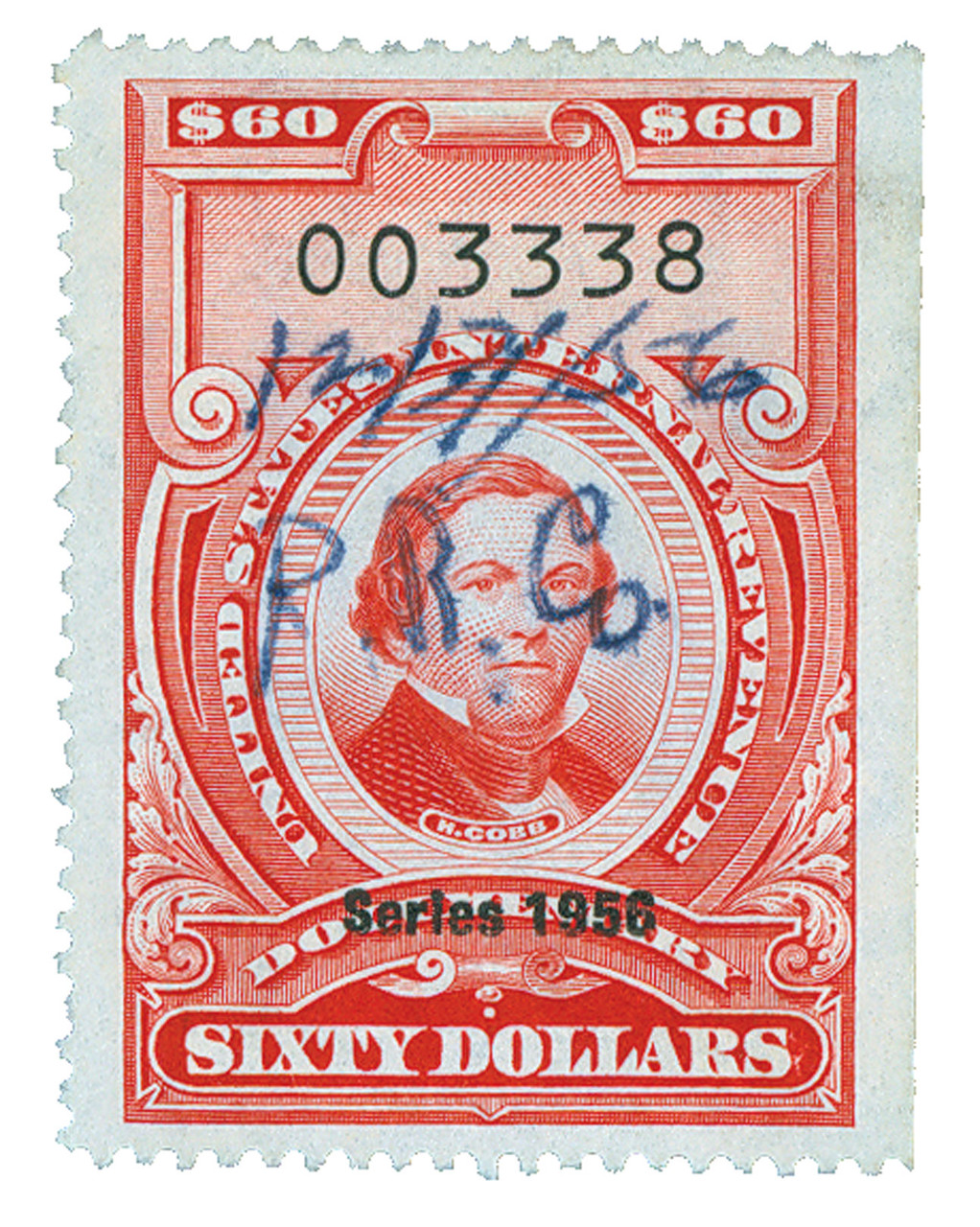 R699 - 1956 $60 U.S. Internal Revenue Stamp, Carmine, No Gum