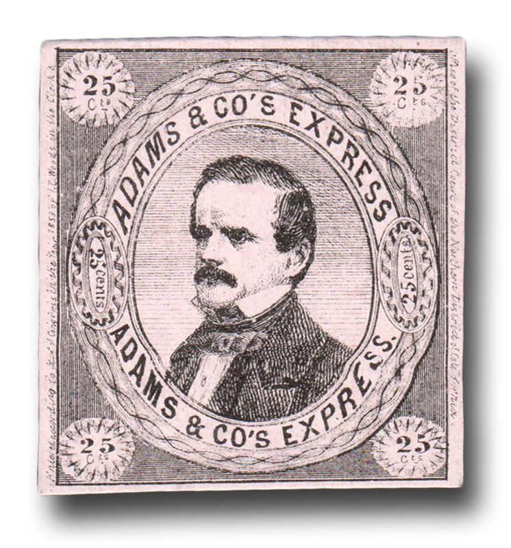 1L3 - 1854 25c Adams & Co. Express, California "Poker Chip" Stamp, Black on Pink Glazed Surface Cardboard,