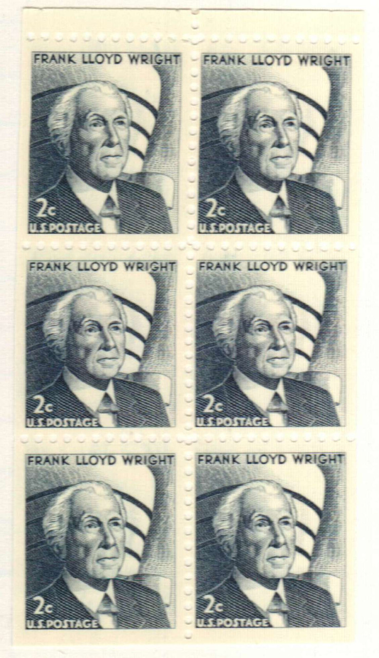 1280c - 1966 2c Prominent Americans: Frank Lloyd Wright, Booklet Pane of 6 Stamps