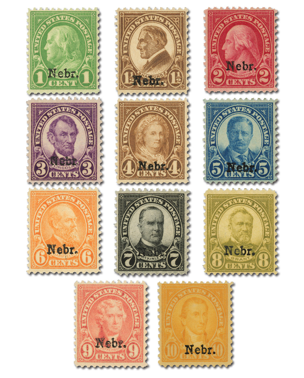 669-79 - 1929 Nebraska Overprint Issues, Complete Set of 11 Stamps