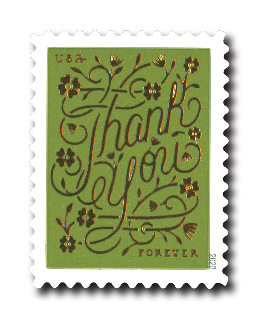 5520 - 2020 First-Class Forever Stamps - Thank You: Olive Green Background