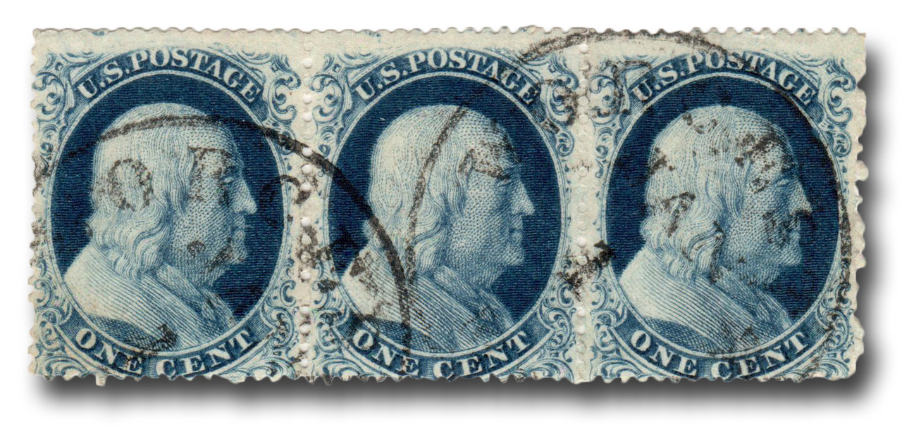 19b,22 - 1857-61 1c Franklin, Blue, One Type 1c, Two Type IIIa, Perf. 15.5, Strip of 3 stamps