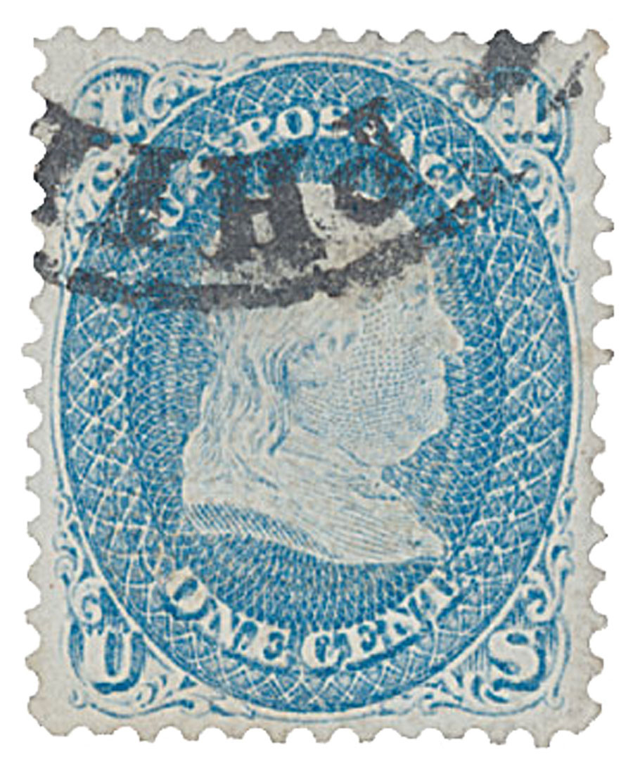 85A - 1867 1c Franklin, Blue, Z Grill, Perf. 12 - Mystic Stamp Company