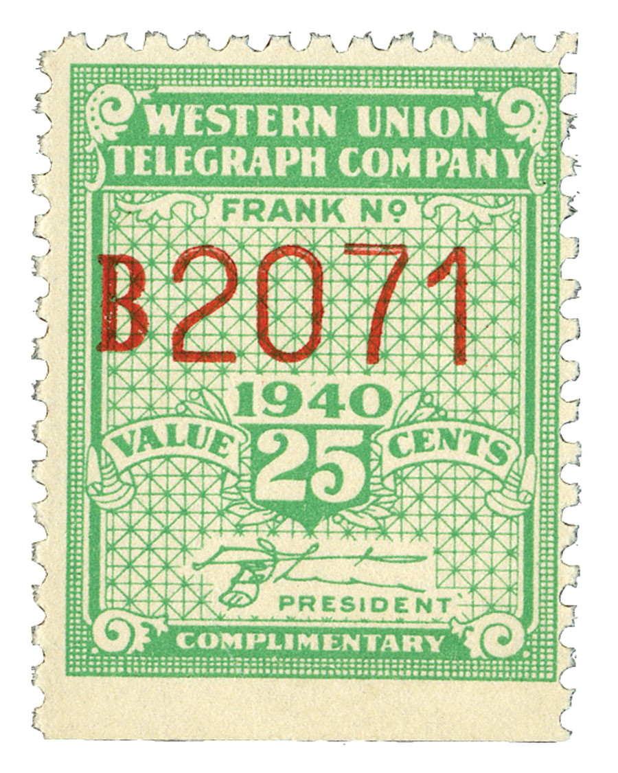 16T98 - 1940 25c Western Union Telegraph Company, Bright Green, R. B. White Signature