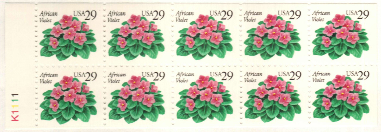 2486a - 1993 29c Flora & Fauna Series: African Violets, Booklet Pane of 10 Stamps