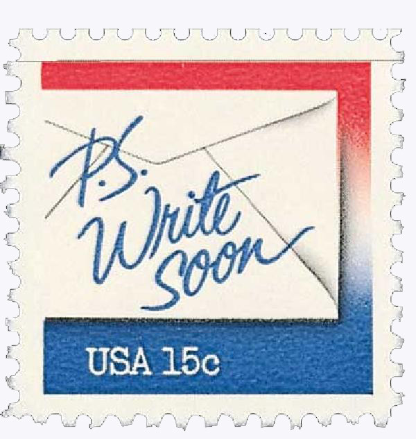 1810 - 1980 15c Letter Writing: P.S. Write Soon, Red & Blue