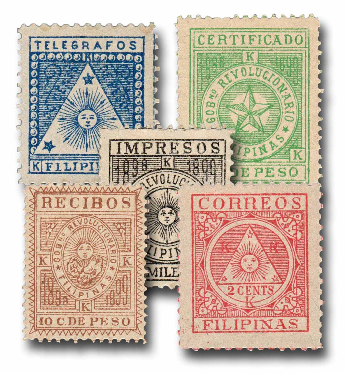 PHY2//YT2 - 1898-99 Filipino Revolutionary Government Stamps, 5 Stamps