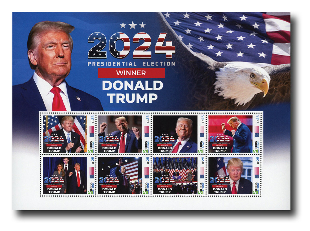 MFN655 - 2024 LE25 Donald Trump: 2024 Presidential Election Winner, Mint Sheet of 8 Stamps, Sierra Leone