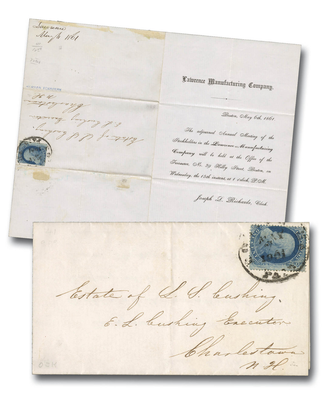MA1988 - 1861 US #20 on Cover to E.L. Cushing, from Lawrence Manufacturing Company