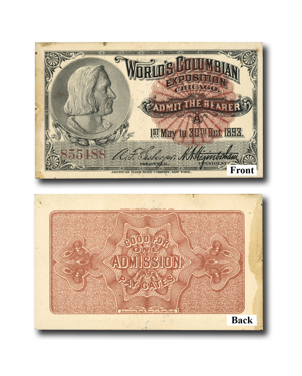 MA2016 - 1893 World's Columbian Exposition Ticket, Columbus