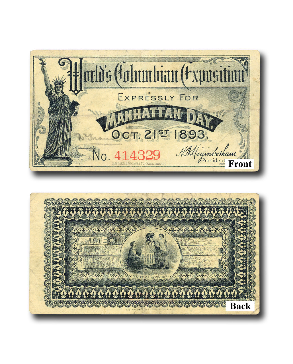 MA2018 - 1893 World's Columbian Exposition Ticket, Expressly for Manhattan Day