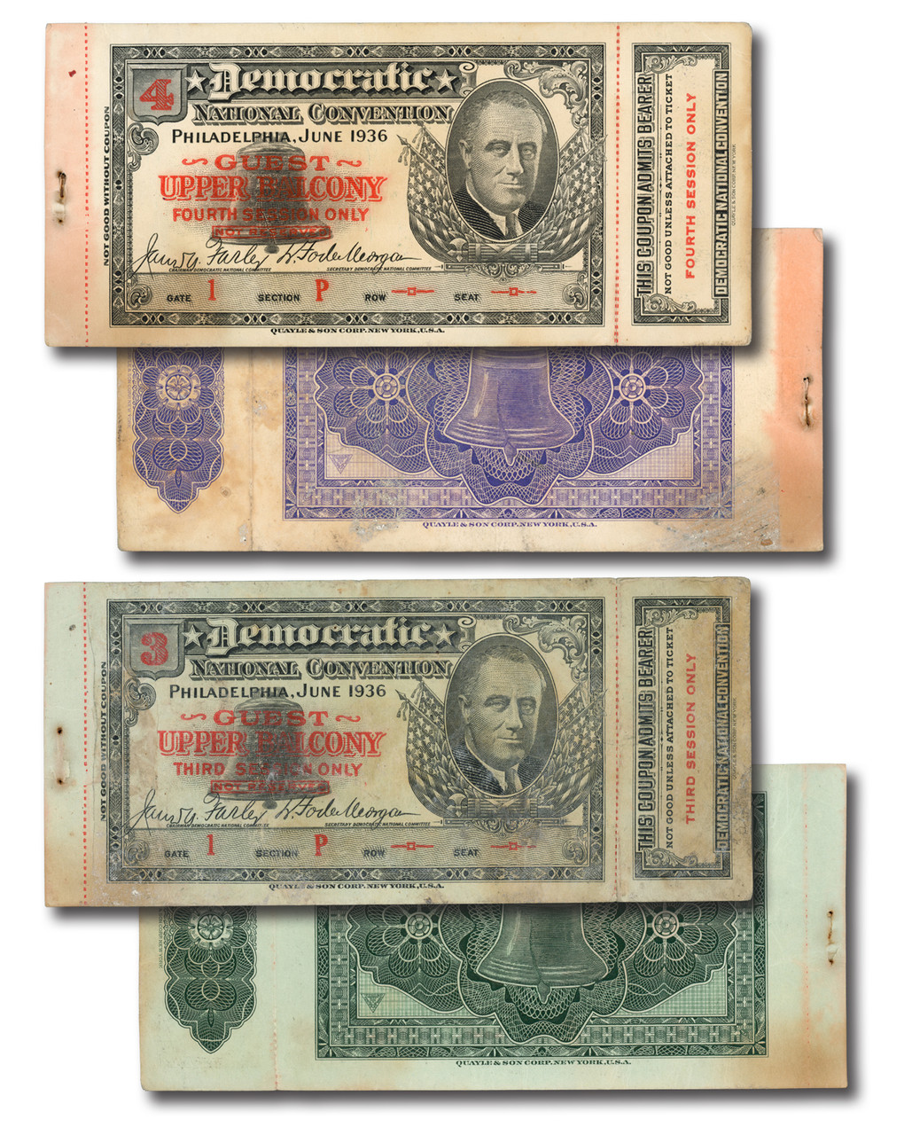 MA2019 - 1936 Democratic National Convention, Set of 2 Tickets for Sessions 3 & 4