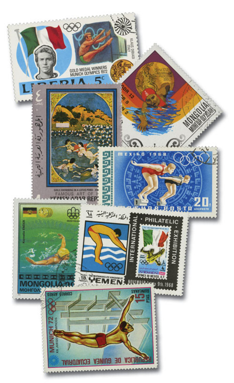 MP1916 - Swimming, 100 Different Stamps