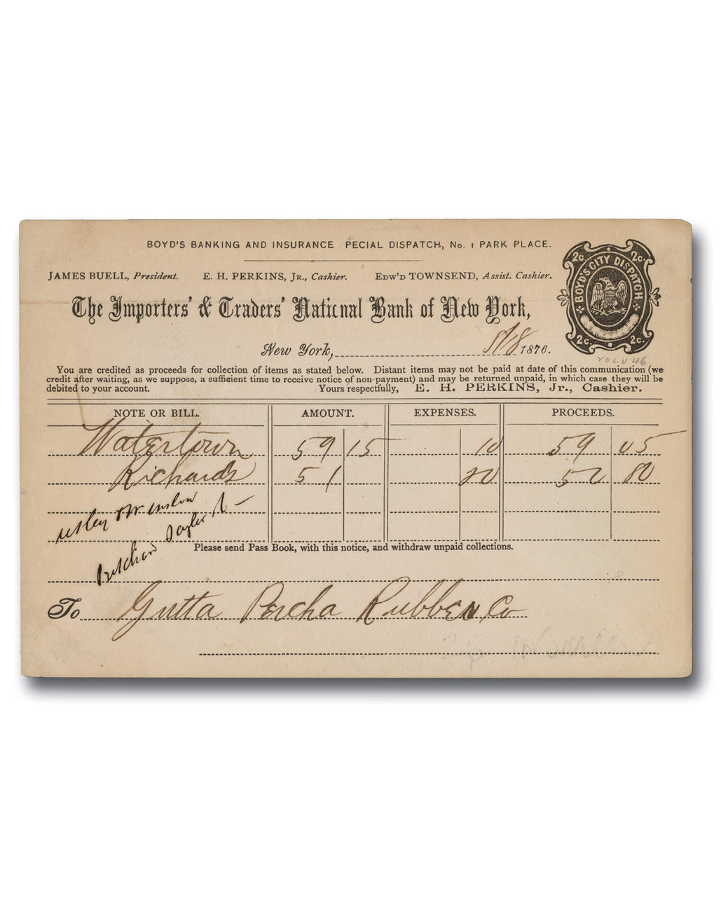 20LUX3 - 1876 2c Boyd's City Dispatch Bank Notice, Black, Complete Year Date