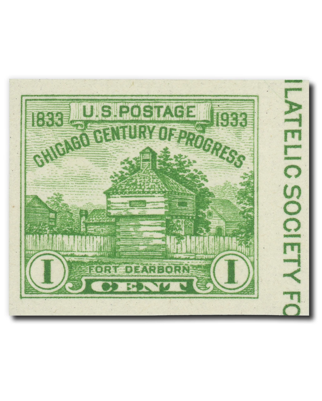 766a - 1935 1c Restoration of Fort Dearborn, Yellow Green, Single from Souvenir Sheet, Imperf.