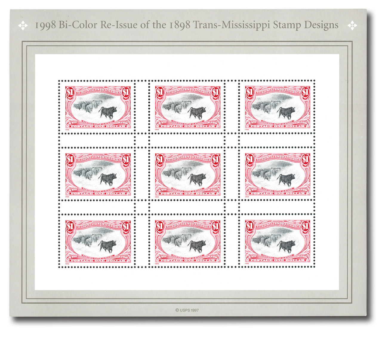 3210 - 1998 $1 Trans-Mississippi: Western Cattle in Storm, Souvenir Sheet