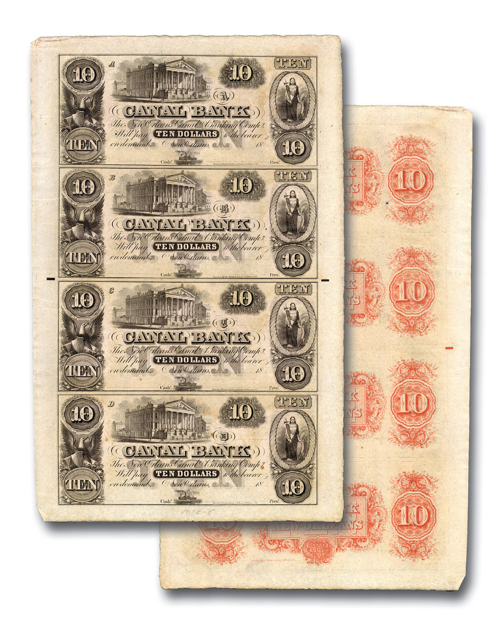 MA2101 - 1830-40s New Orleans Canal & Banking Company, Uncut Sheet of $10 Banknotes