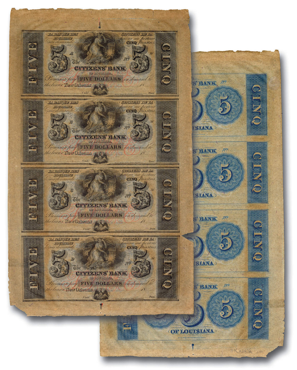 MA2102 - 1830-40s Citizens' Bank of Louisiana, Uncut Sheet of $5