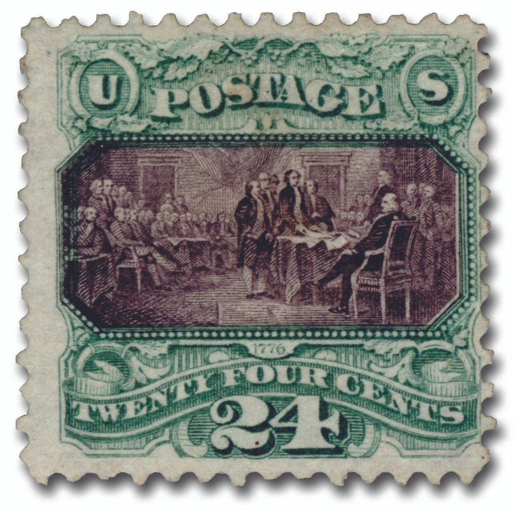 130 - 1875 24c Declaration of Independence, Green and Violet, Hard Paper, No Grill, Perf. 12