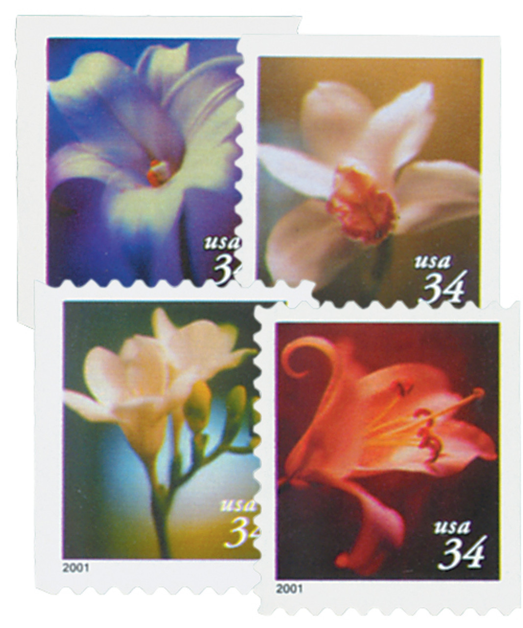 3487-90 - 2001 34c Flowers, 10.25 x 10.75 perf, booklet stamps