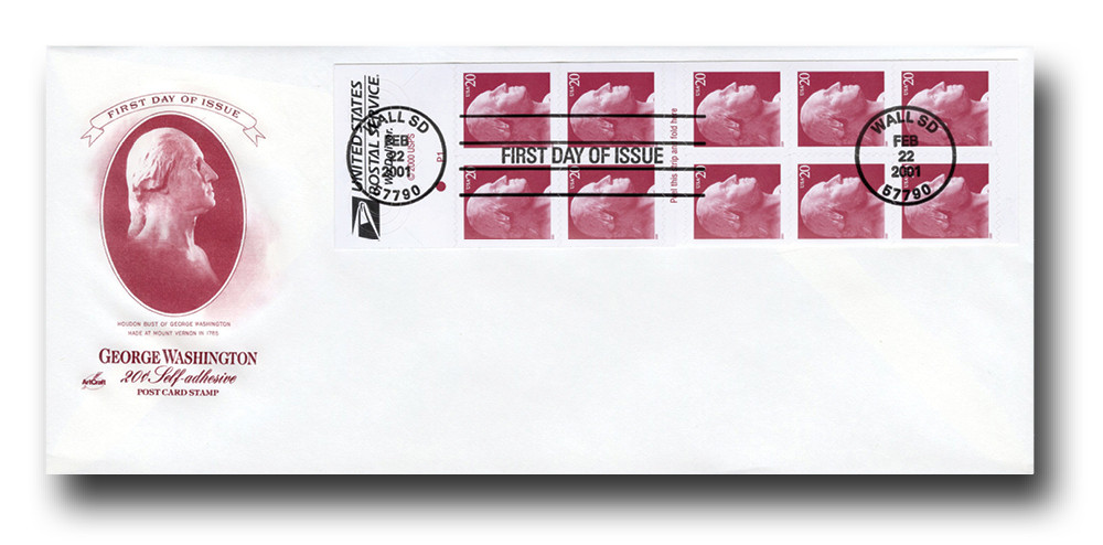 3482a - 2001 20c George Washington, Booklet Pane of 10 Stamps, First Day Cover