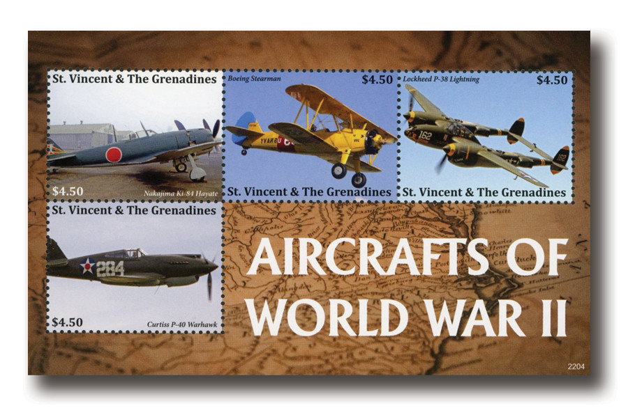 MFN501 - 2022 $4.50 Nakajima Ki-84 Hayate, Aircrafts of World War II, Mint Sheet of 4, St Vincent & The Grenadines