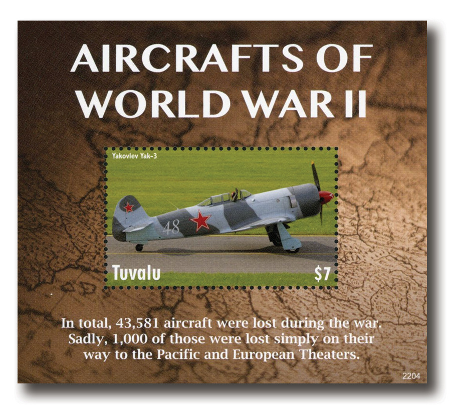 MFN503 - 2022 $7 Yakovlev Yak-3, Aircrafts of World War II, Mint Souvenir Sheet, Tuvalu