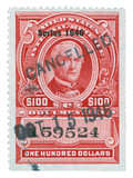R458 - 1946 $100 U.S. Internal Revenue Stamp, Carmine, No Gum