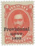H65 - 1893 2c King Kamehameha, Vermillion, Hawaii, Black Overprint