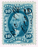 R34 - 1862-71 10c US Internal Revenue Stamp - contract, old paper, blue
