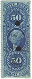 R63b - 1862-71 50c U.S. Internal Revenue Stamp, Surety Bond, Blue, Part Perf.