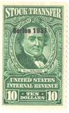 RD354 - 1951 $10 Stock Transfer Stamp, Bright Green
