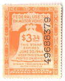 RV22 - 1943 $3.34 Motor Vehicle Use Tax, Yellow, Gum & Control No.on Face, Inscription on Back