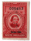 R582 - 1951 $60 U.S. Internal Revenue Stamp, Carmine, No Gum