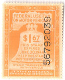 RV26 - 1944 $1.67 Motor Vehicle Use Tax, Yellow, Gum & Control No.on Face, Inscription on Back