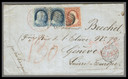 MRS1414 - 1851-57 Issue 1c Franklin Pair and 3c Washington Single on Folded Letter to Switzerland