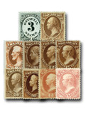 O49//90 - 1873 Post Office Department Official Stamps, Black, Hard Paper, Set of 10 Stamps
