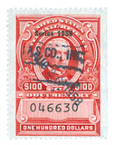 R718 - 1958 $100 U.S. Internal Revenue Stamp, Carmine, No Gum