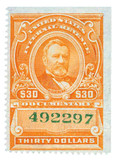 R246 - 1917 $30 U.S. Internal Revenue Stamp, Deep Orange, Perf. 12, No Gum, Without "Series 1915", Numerals in Green