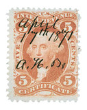 R24d - 1862-71 5c U.S. Internal Revenue Stamp, Certificate, Red, Silk Paper