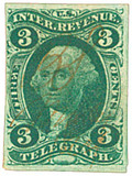 R19a - 1862-71 3c U.S. Internal Revenue Stamp,  Telegraph, Green, Imperf.