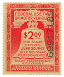 RV13 - 1943 $2.09 Motor Vehicle Use Tax, Rose Red, Gum & Control No.on Face, Inscription on Back