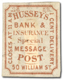 87L30 - 1863 1c Hussey's Bank & Insurance Special Message Post, Brown on White Paper