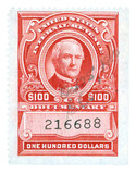 R727 - 1958 $100 US Internal Revenue Stamp - watermark, perf 12, carmine