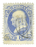 134A - 1870 1c Franklin, Ultramarine, Hard Paper, I Grill, Perf. 12