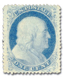 24 offer - 1857 1c Franklin, Blue, Type V, Perf. 15.5