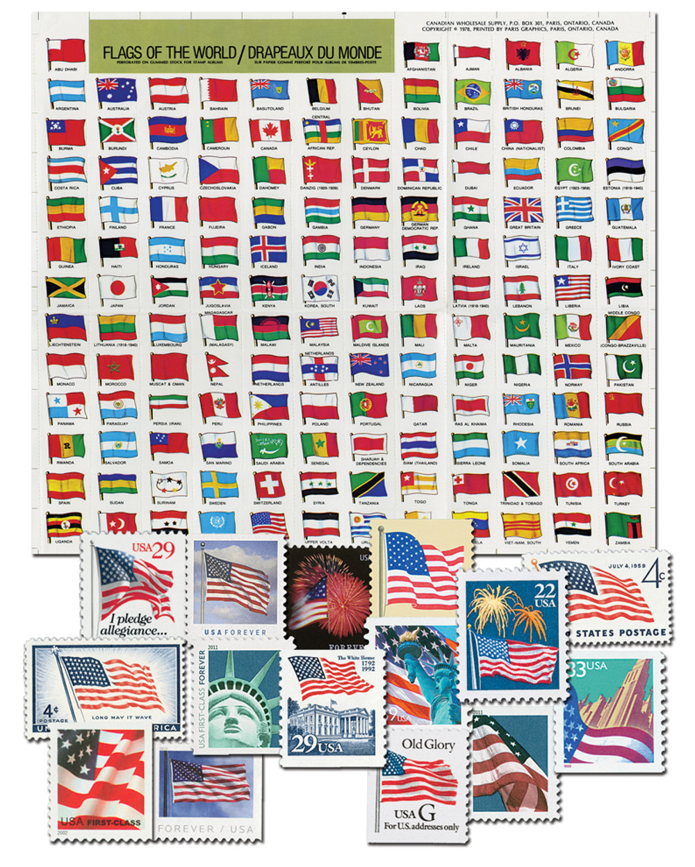 MXM009 US Flag Stamps Collection, 62 Mint US Stamps & 150 FREE