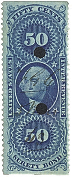 R63b - 1862-71 50c U.S. Internal Revenue Stamp, Surety Bond, Blue, Part Perf.