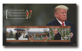 MFN301 - 2019 $4-&6 World War I Centennial Memorial, President Trump Visits Suresnes American Cemetary, Mint Sheet of 3, Grenada